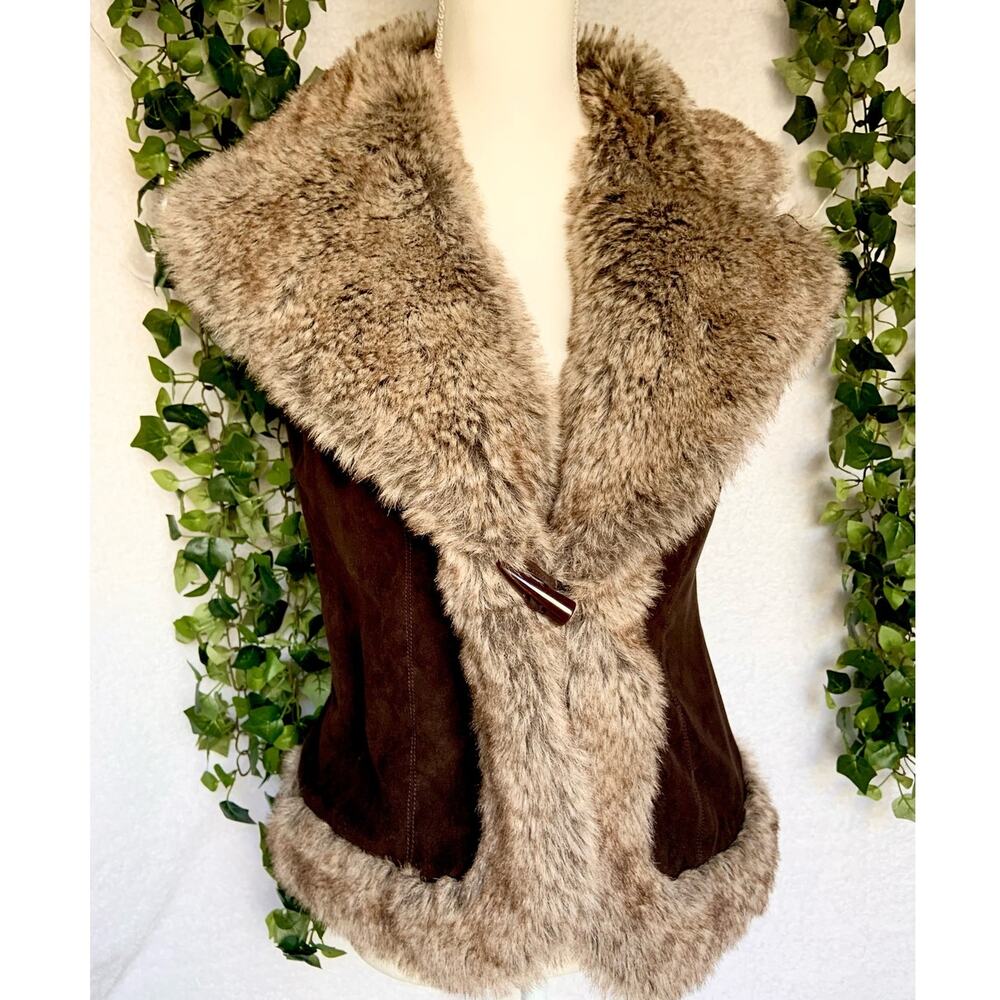 Y2K AMX Vintage Brown Faux Suede & Fur Sleeveless Jacket Vest Petite Medium